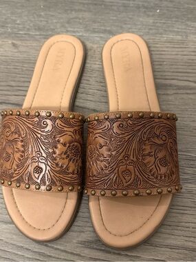 Myra Tan Tooled Leather Slide Sandals with Stud Trim